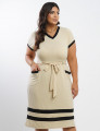 Vestido Midi Malha Canelada Bicolor Bege 