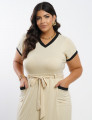 Vestido Midi Malha Canelada Bicolor Bege 