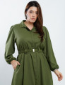 Vestido Midi Chemise Misto Com Cinto Elástico Musgo
