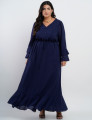 Vestido Longo Crepe Textura Xadrez Com Botão Marinho