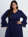 Vestido Longo Crepe Textura Xadrez Com Botão Marinho