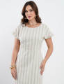 Vestido Longo Linho Misto Listrado Bege