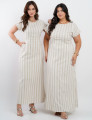 Vestido Longo Linho Misto Listrado Bege