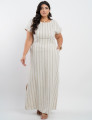 Vestido Longo Linho Misto Listrado Bege