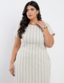 Vestido Longo Linho Misto Listrado Bege
