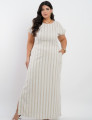 Vestido Longo Linho Misto Listrado Bege