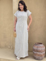 Vestido Longo Linho Misto Listrado Bege