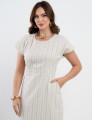 Vestido Longo Linho Misto Listrado Bege