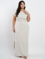 Vestido Longo Linho Misto Listrado Bege