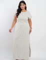 Vestido Longo Linho Misto Listrado Bege