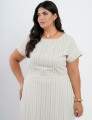 Vestido Longo Linho Misto Listrado Bege