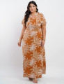 Vestido Longo Linho Misto Estampado Folhas Marrom