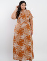 Vestido Longo Linho Misto Estampado Folhas Marrom