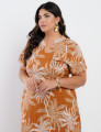 Vestido Longo Linho Misto Estampado Folhas Marrom