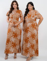 Vestido Longo Linho Misto Estampado Folhas Marrom