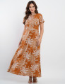 Vestido Longo Linho Misto Estampado Folhas Marrom