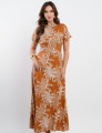 Vestido Longo Linho Misto Estampado Folhas Marrom