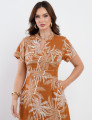 Vestido Longo Linho Misto Estampado Folhas Marrom