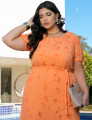 Vestido Curto Chiffon Plissado Com Bordado Laranja