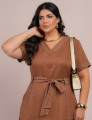 Vestido Longo Linho De Poliéster Com Pesponto Marrom