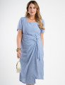 Vestido Midi Crepe Listrado Saia Dupla Azul 