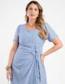 Vestido Midi Crepe Listrado Saia Dupla Azul 