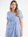 Vestido Midi Crepe Listrado Saia Dupla Azul 