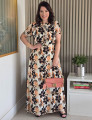 Vestido Longo Chiffon Estampado Com Babadinho Preto