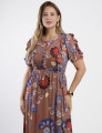 Vestido Longo Tule Estampado Com Babados Marrom