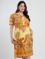 Vestido Midi Viscose Estampado Barrado Amarelo