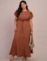 Vestido Longo Jaquard Com Cinto Marrom