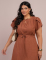 Vestido Longo Jaquard Com Cinto Marrom