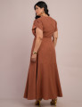 Vestido Longo Jaquard Com Cinto Marrom