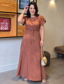 Vestido Longo Jaquard Com Cinto Marrom