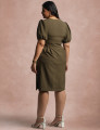 Vestido Midi Com Pesponto Frente Musgo