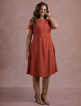 Vestido Midi Liso Com Veias Telha  
