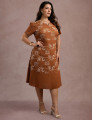 Vestido Midi Linho Com Bordado Marrom 