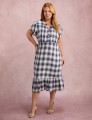 Vestido Midi Xadrez Com Botão Azul