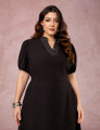 Vestido Midi Com Pesponto Preto